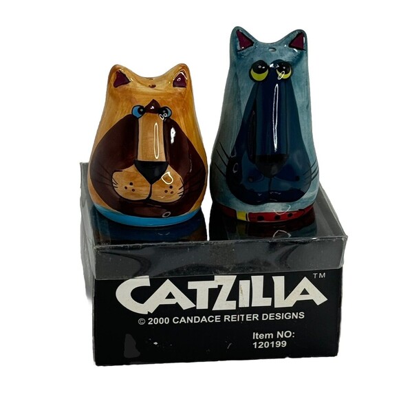 Vtg Catzilla Cat Salt And Pepper Shakers Set By Candace Reiter Whimsical New - Picture 1 of 5